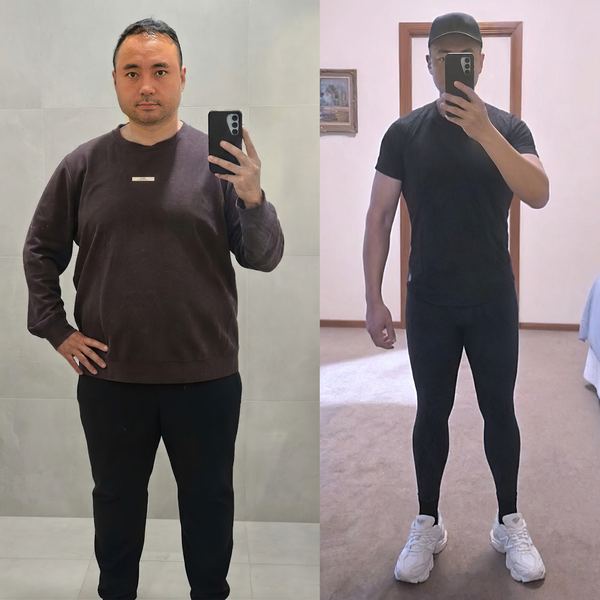 The founder of Discernable before and now, side-by-side mirror selfies