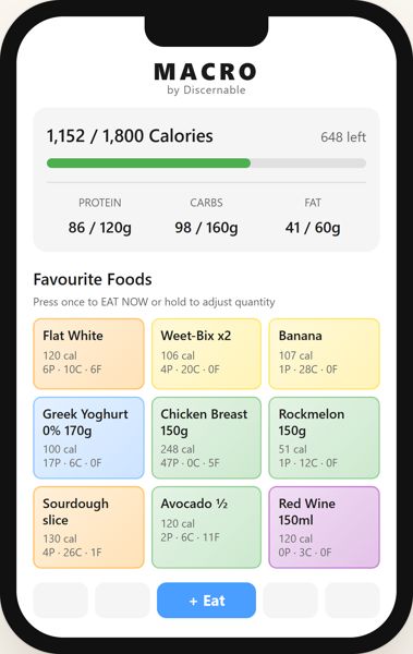 The MACRO home screen with favourite foods as buttons